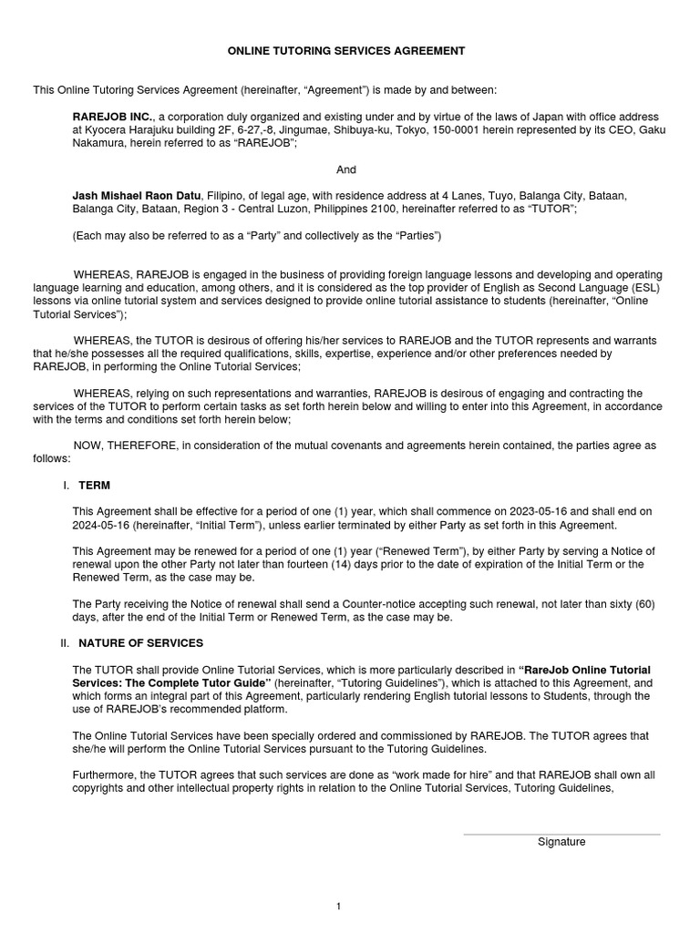 Tutor Agreement PDF Damages Customer