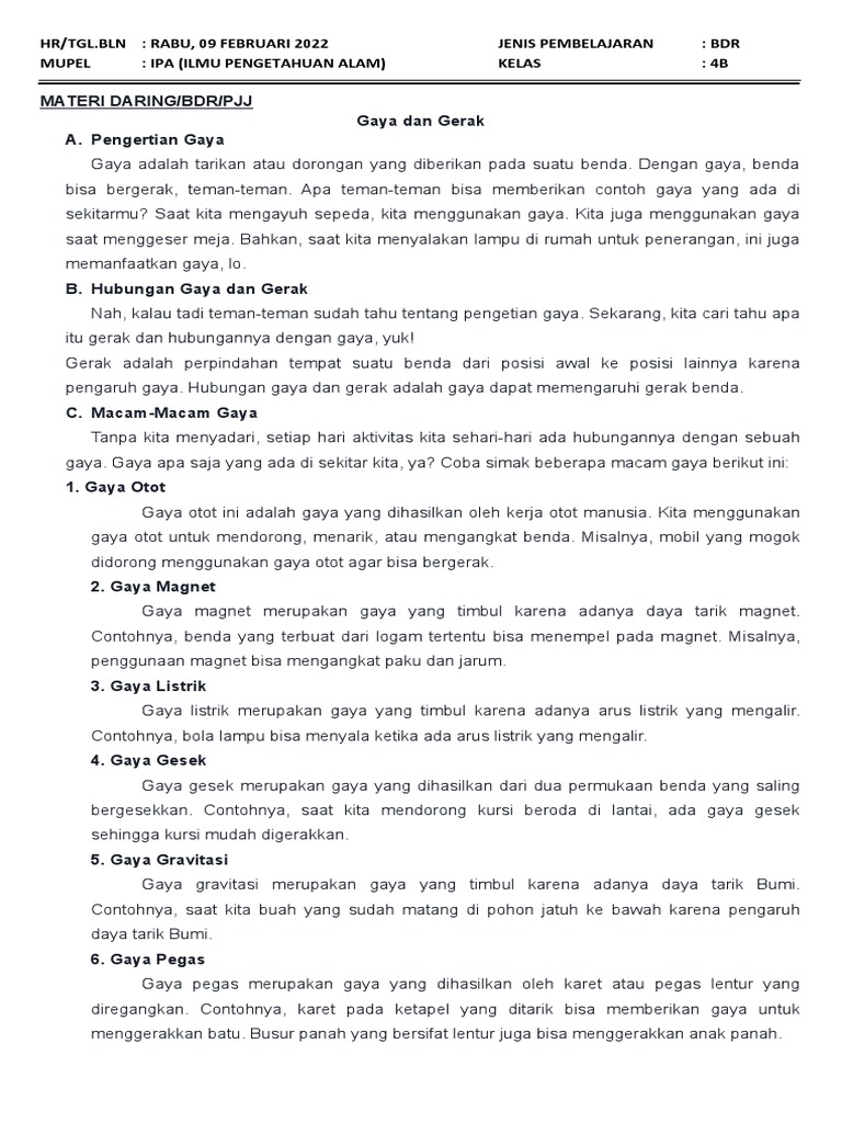 Materi daring bdr pjj gaya dan gerak a pengertian gaya pdf