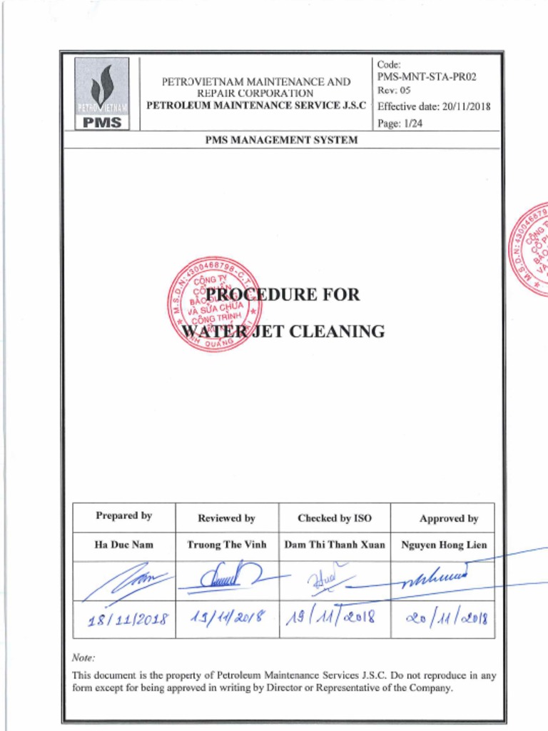 Procedure For Water Jet Cleaning | PDF
