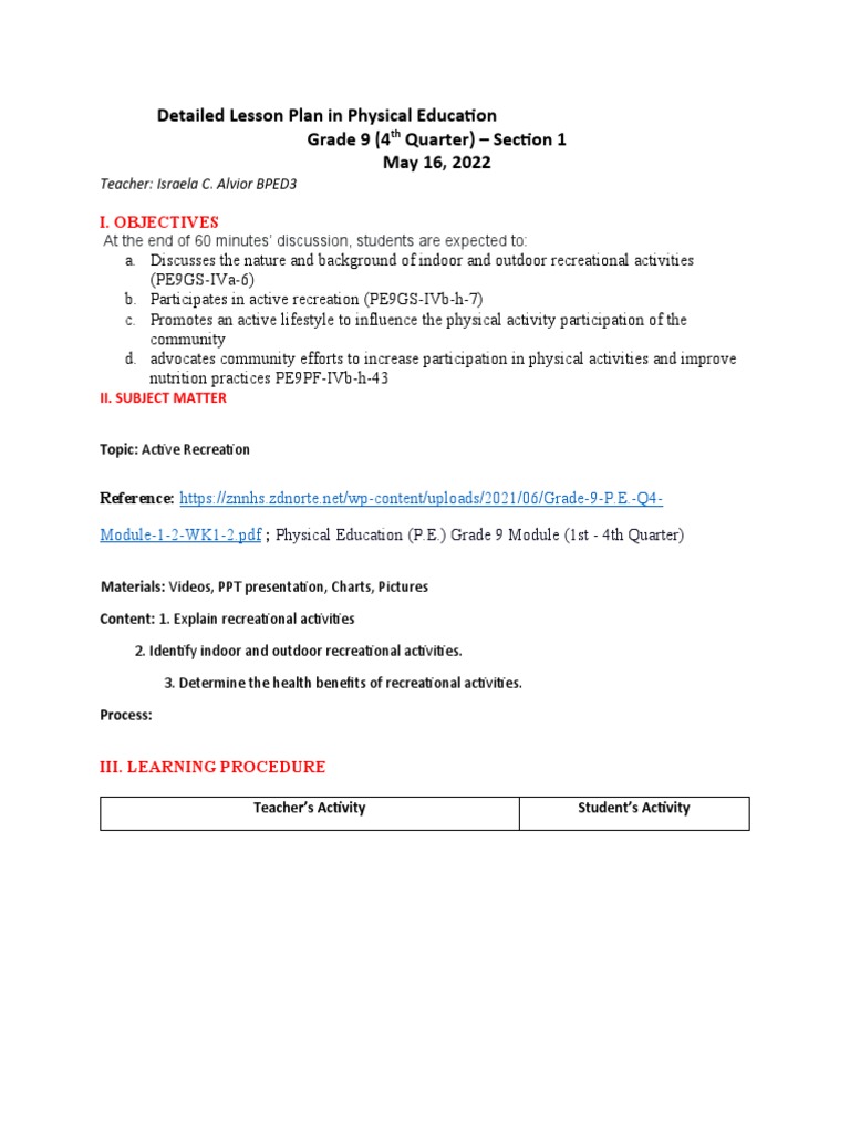 Fu Detailed Lesson Plan In Physical Education Pdf