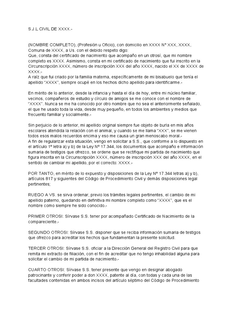 Modelo Solicitud Cambio de Nombre PDF Certificado de nacimiento
