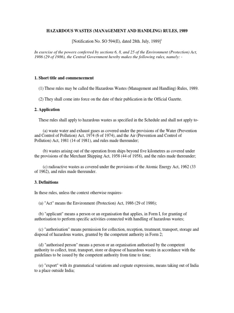 Hazardous Wastes Rules 1989 PDF Waste Waste Management
