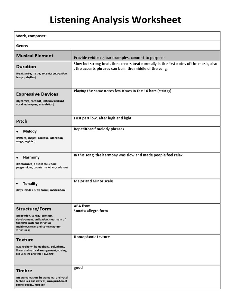Music Analysis Worksheet Template | PDF | Language Arts & Discipline