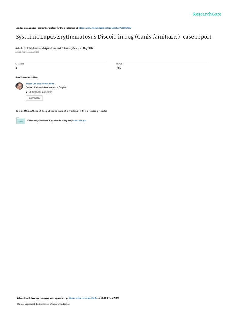 Systemic Lupus Erythematosus Discoid in Dog Canis PDF Medical Diagnosis Clinical Medicine