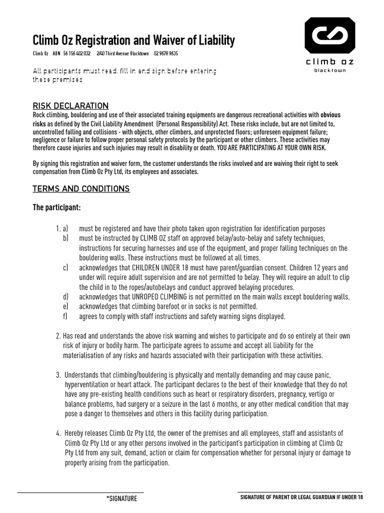 Climb Oz Registration and Waiver of Liability PDF Rock Climbing