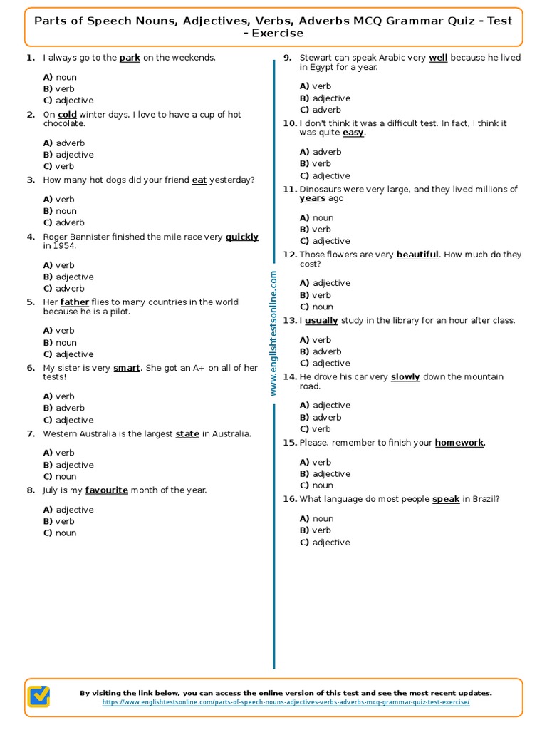 750 Parts of Speech Nouns Adjectives Verbs Adverbs MCQ Grammar Quiz Test Exercise PDF