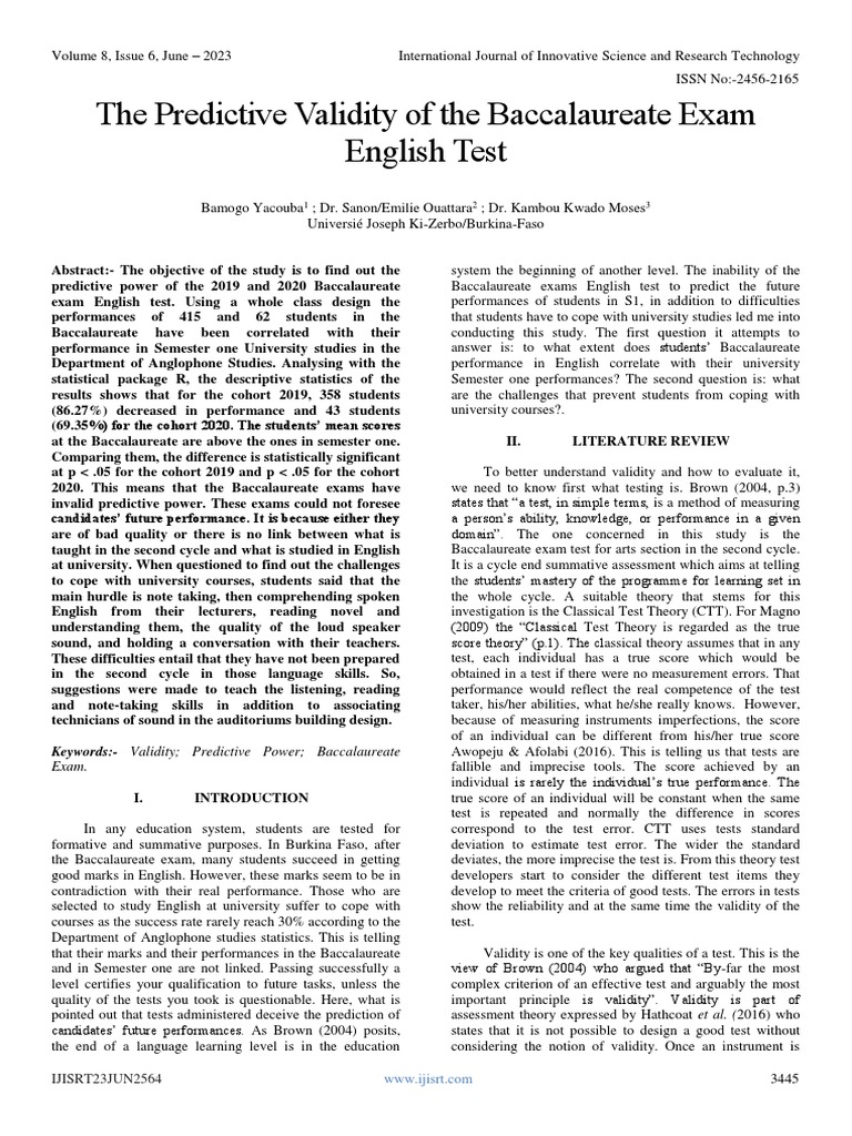 The Predictive Validity of The Baccalaureate Exam English Test | PDF ...
