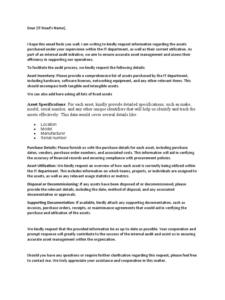 Asset specifications for each asset kindly provide detailed