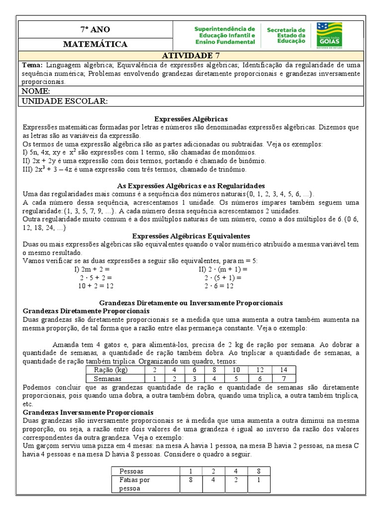 Atividade 7 7o Ano Mat Equivalencia De Expressoes Algebricas Grandezas
