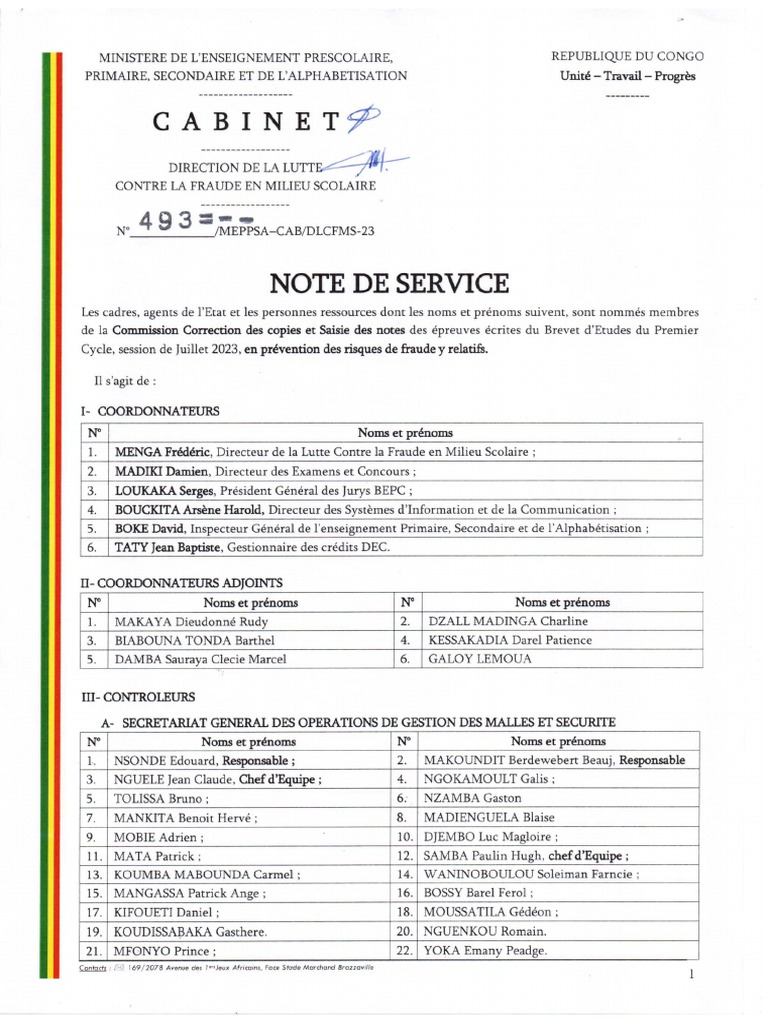 Note de Service Anti-Fraude Correction Et Saisie Bepc 2023 | PDF