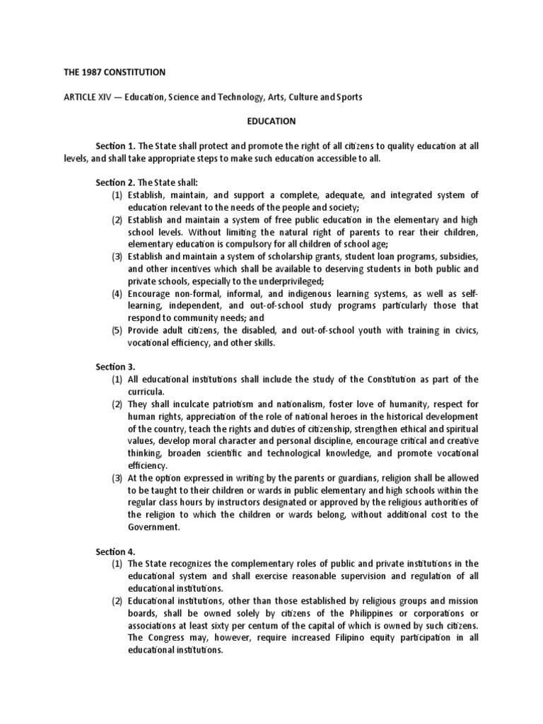 THE 1987 CONSTITUTION - Education | PDF