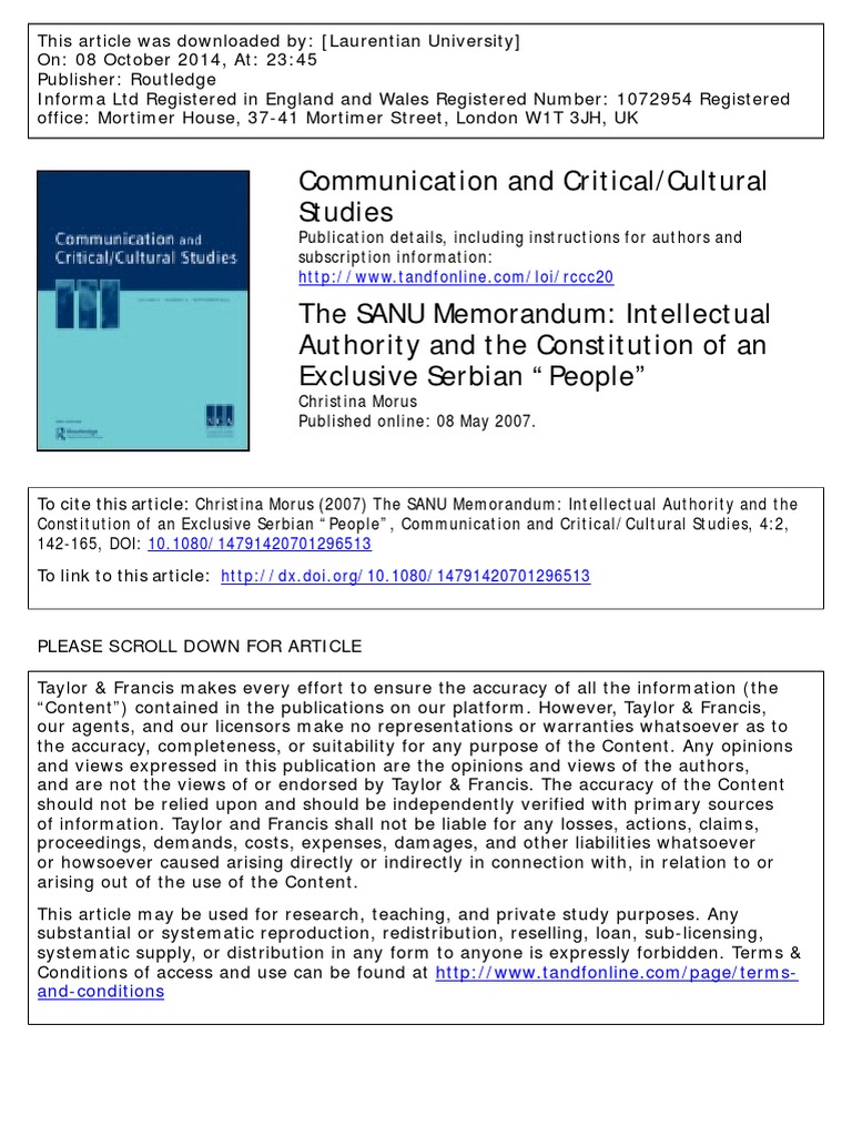 The SANU Memorandum and Exclussive State PDF Socialist Federal