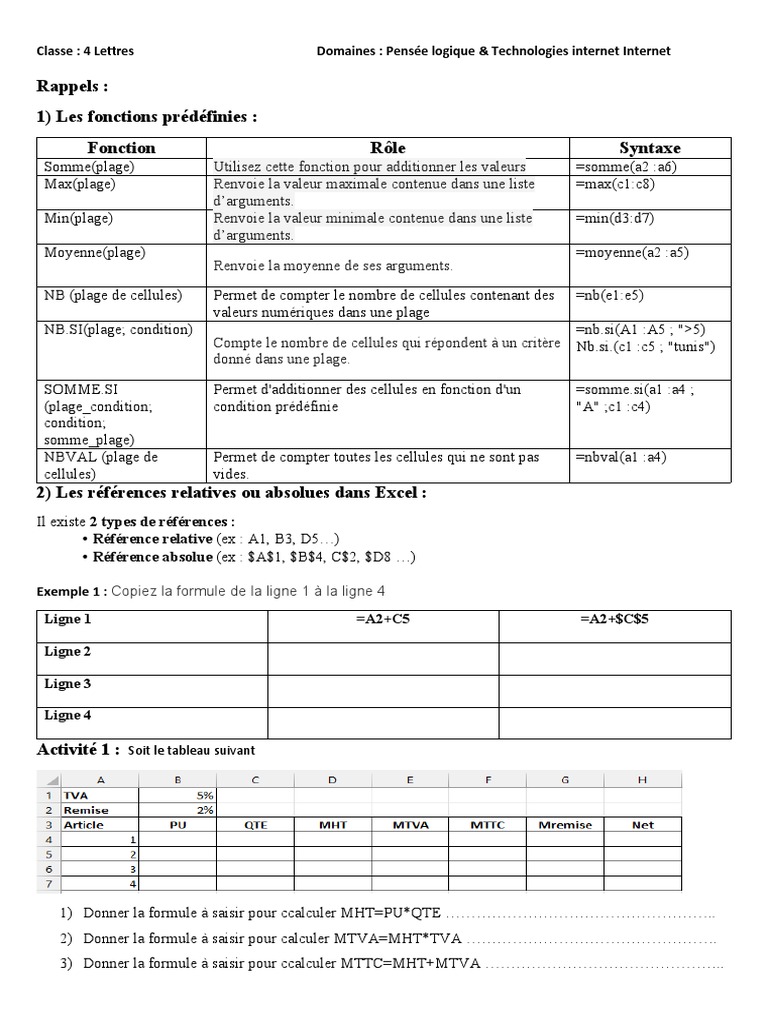 Fonctions Prédéfinies dans Excel | PDF | Informatique