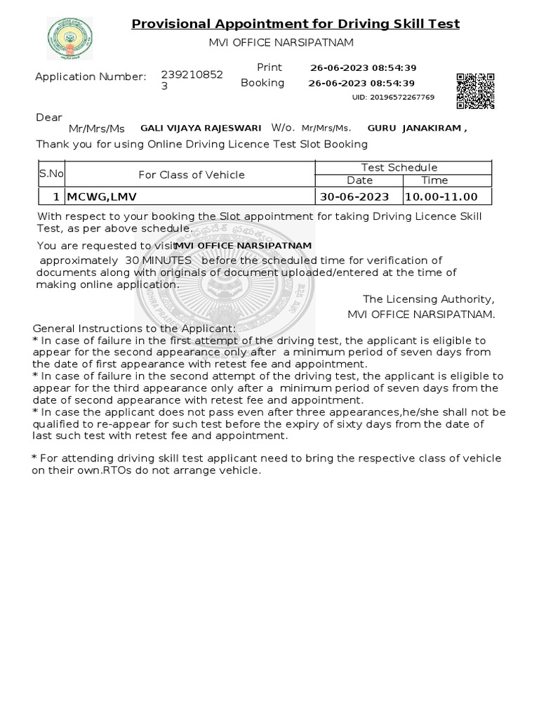 Provisional appointment for driving skill test 1 mcwg lmv 30 06 2023