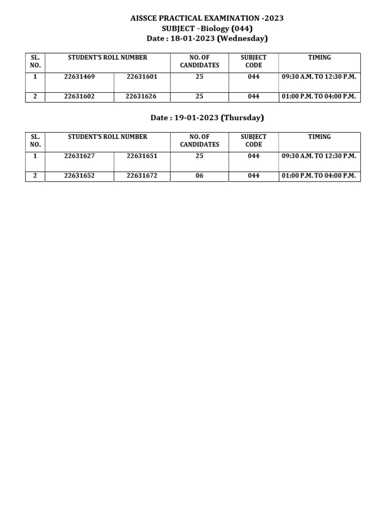 AISSCE 2023 Biology Practical Schedule | PDF