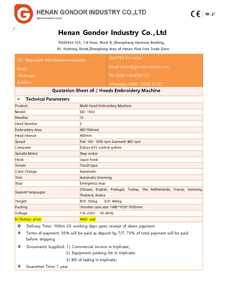 Quotation of 2 Head Embroidery Machine From Gondor Group | PDF ...