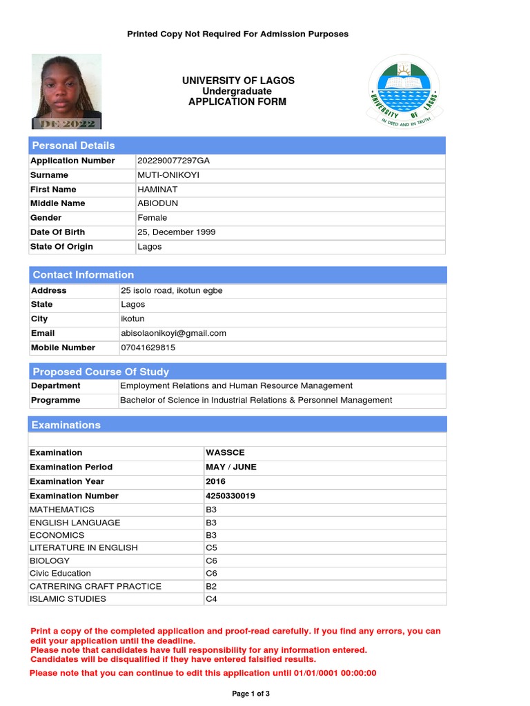 University of Lagos Application Form | PDF | Qualifications ...