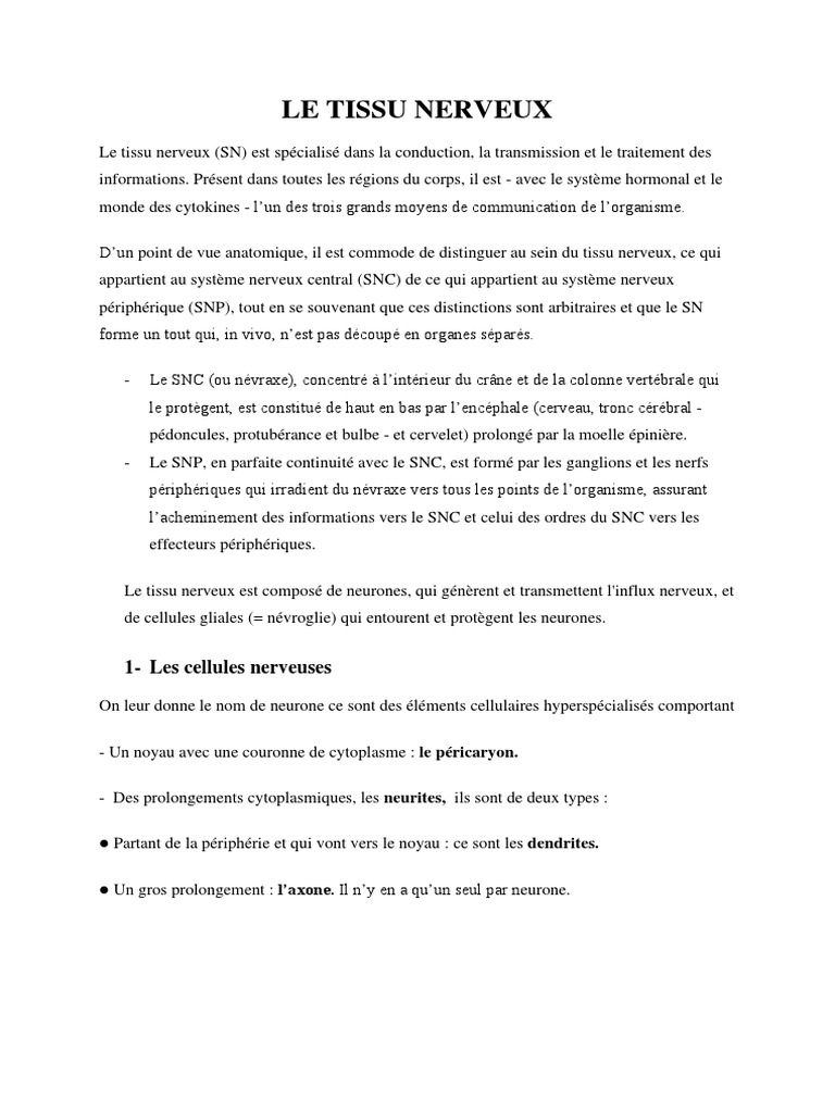 Définition du tissu nerveux | PDF | Système nerveux | Neurone