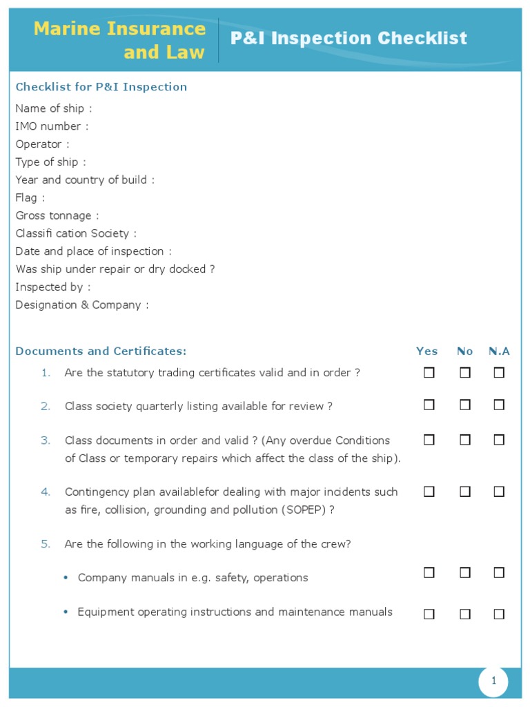 P and I - Checklist | PDF | Oil Tanker | Ships