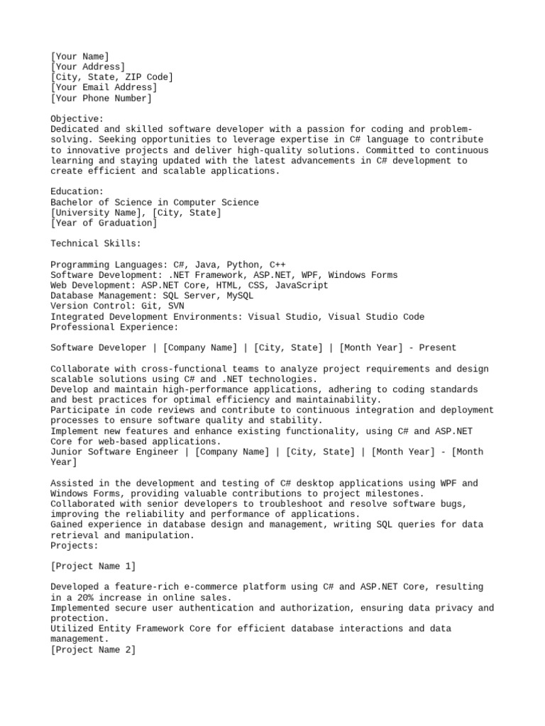 Template Resume For C# Engineer | PDF | C Sharp (Programming Language ...