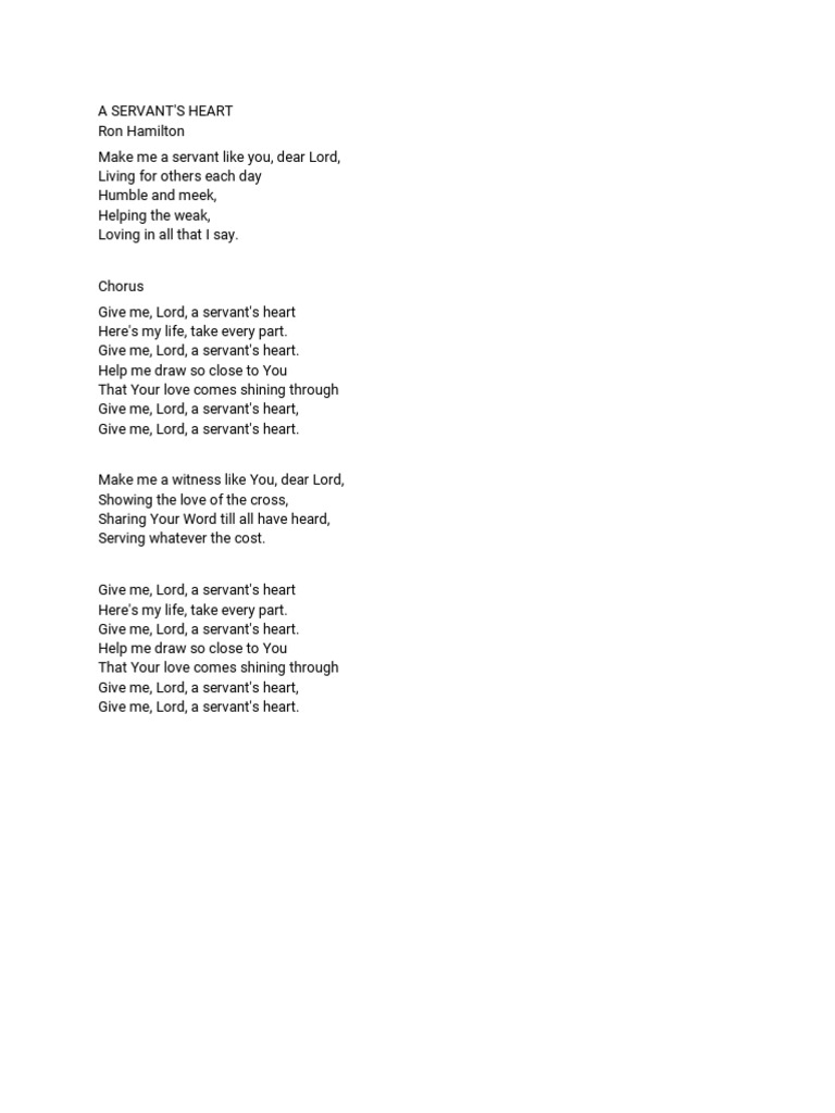 A Servant's Heart Lyrics PDF Poetry