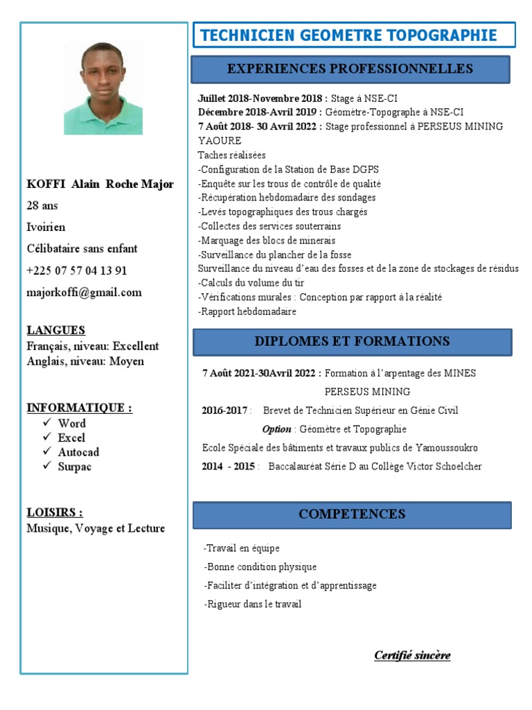 CV de Koffi Alain Roche, Géomètre-Topographe | PDF