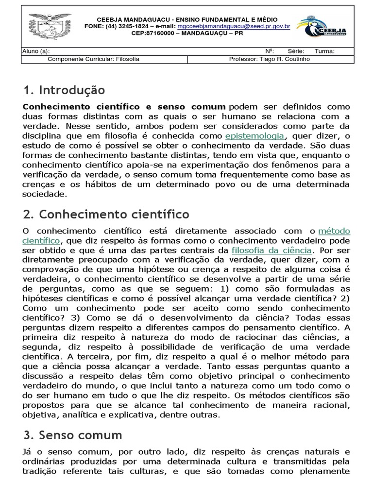 Senso Comum e Conhecimento Científico | PDF | Science | Conhecimento