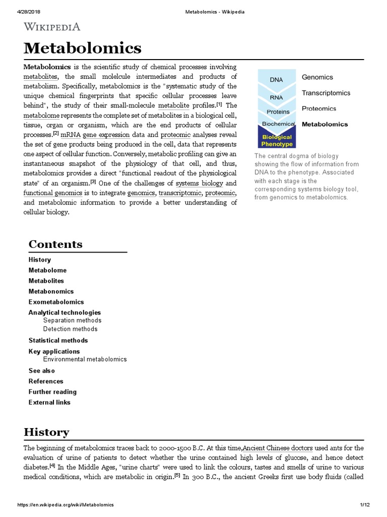 Metabolomics - Wikipedia | PDF | Metabolomics | Mass Spectrometry