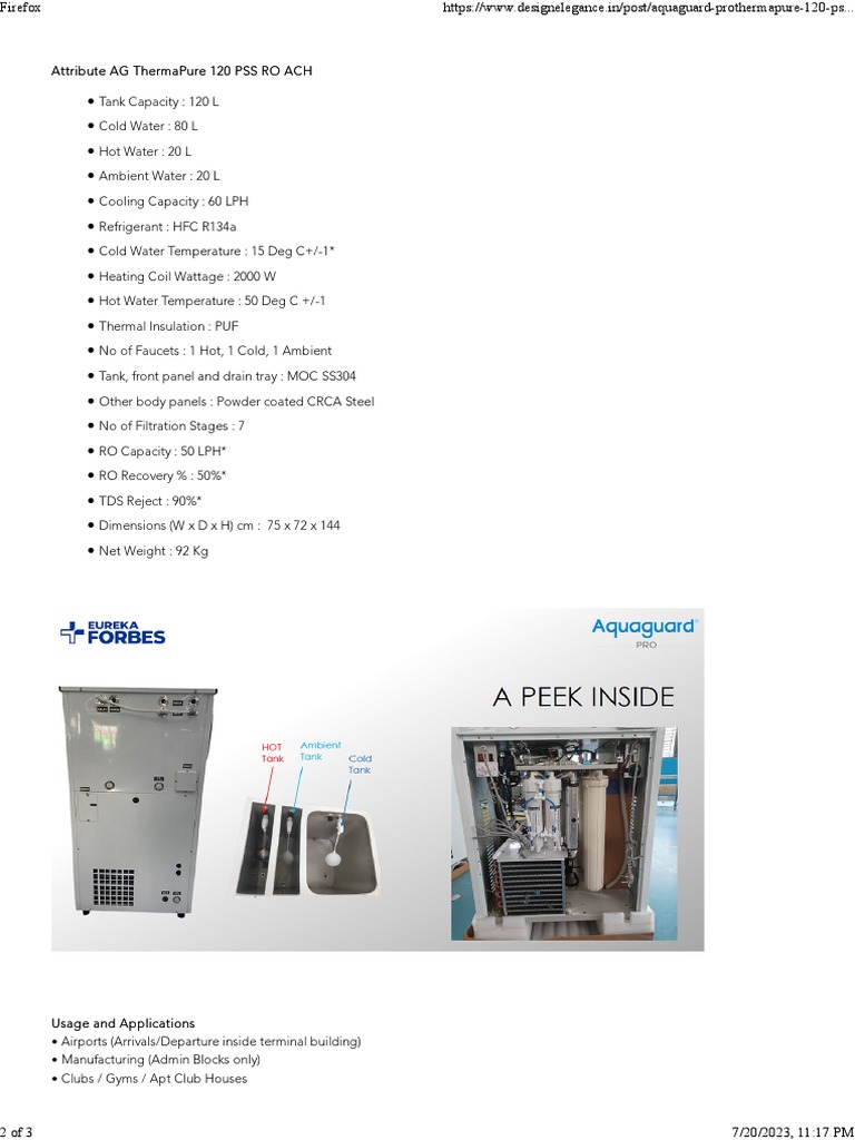 Aquaguard Pro Thermapure 120 PSS RO Specs | PDF