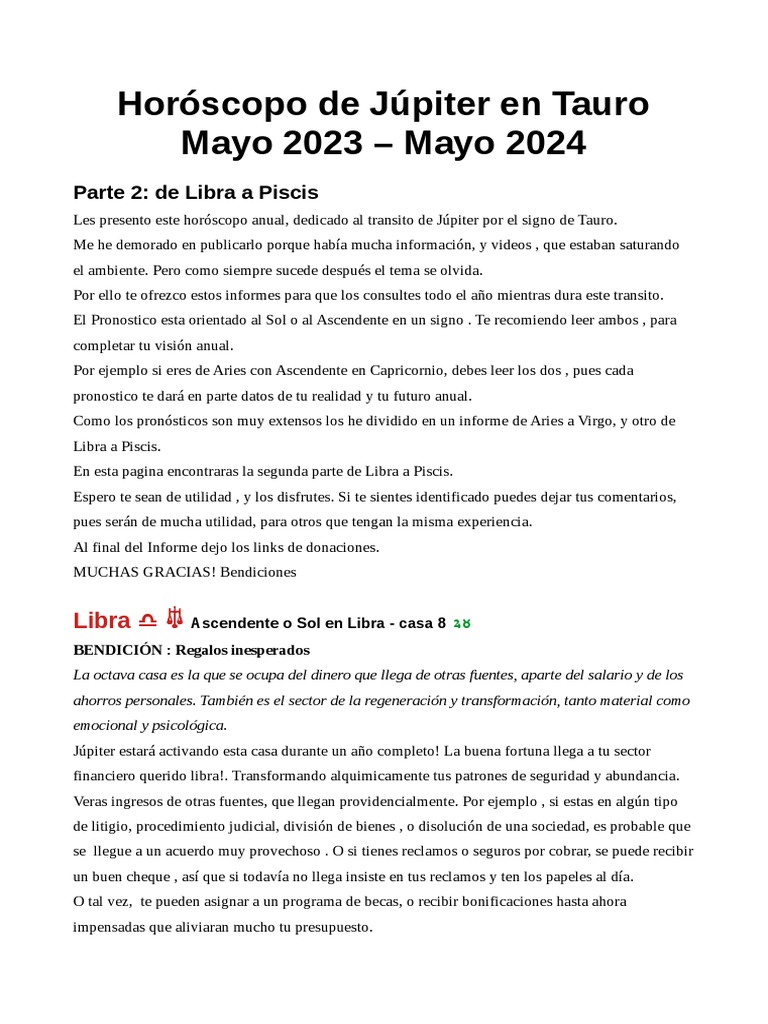 Horoscopo de Jupiter en Tauro 2023 2024 Segunda Parte PDF Bienes
