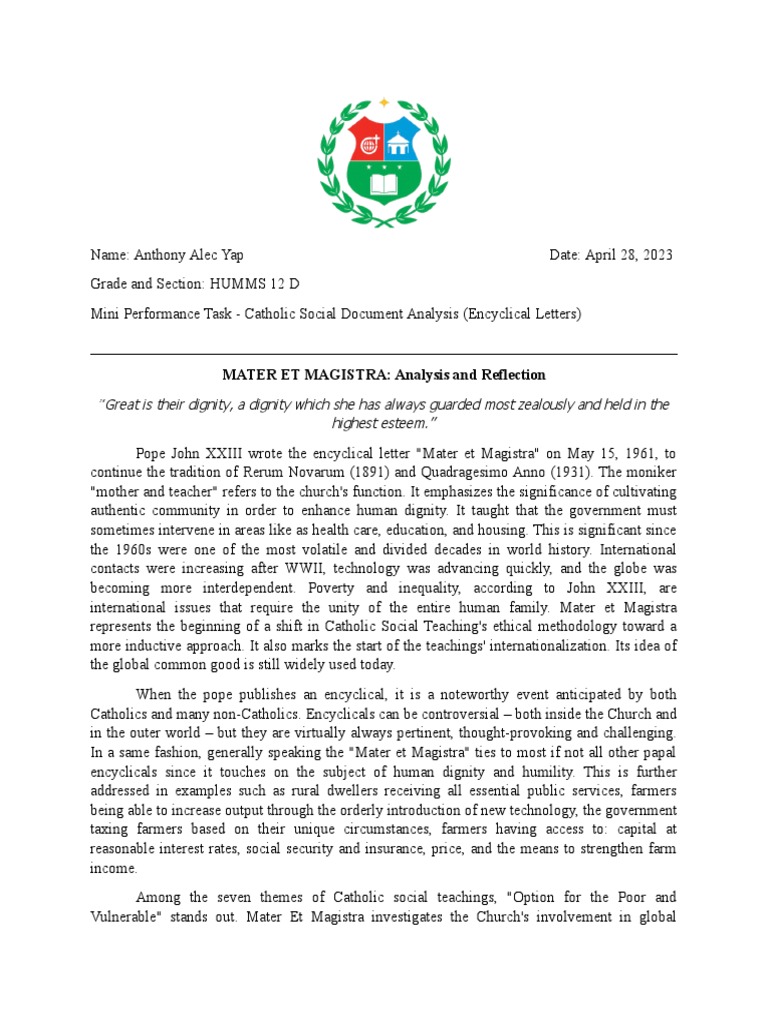 Mini PT - Catholic Social Document Analysis (Encyclical Letters) | PDF ...