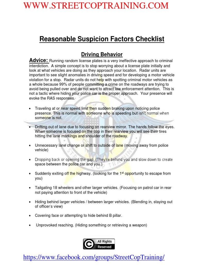 Reasonable Suspicion Factors PDF Police Car Police