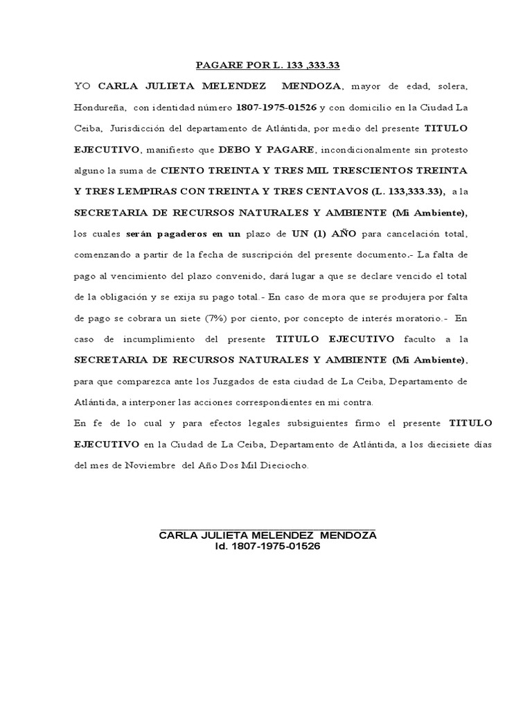 Pagaré por L. 133,333.33 en La Ceiba | PDF