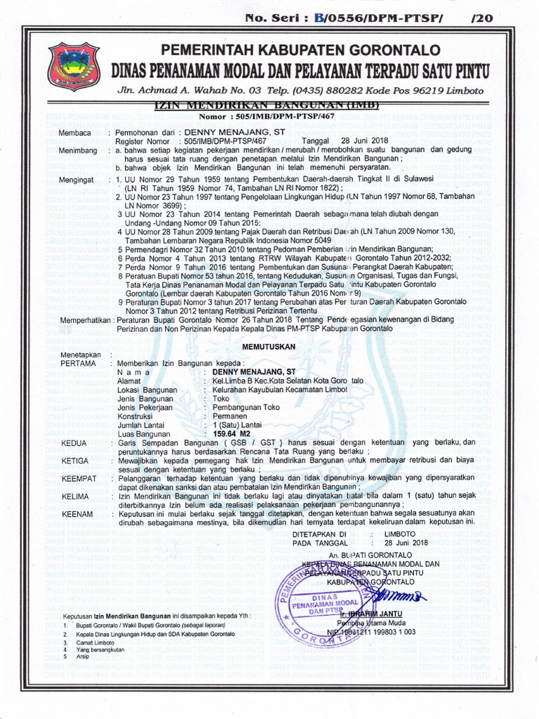 Izin Mendirikan Bangunan Toko Denny | PDF