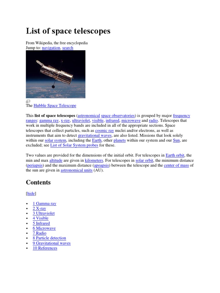 List of Space Telescopes Astronomy Science