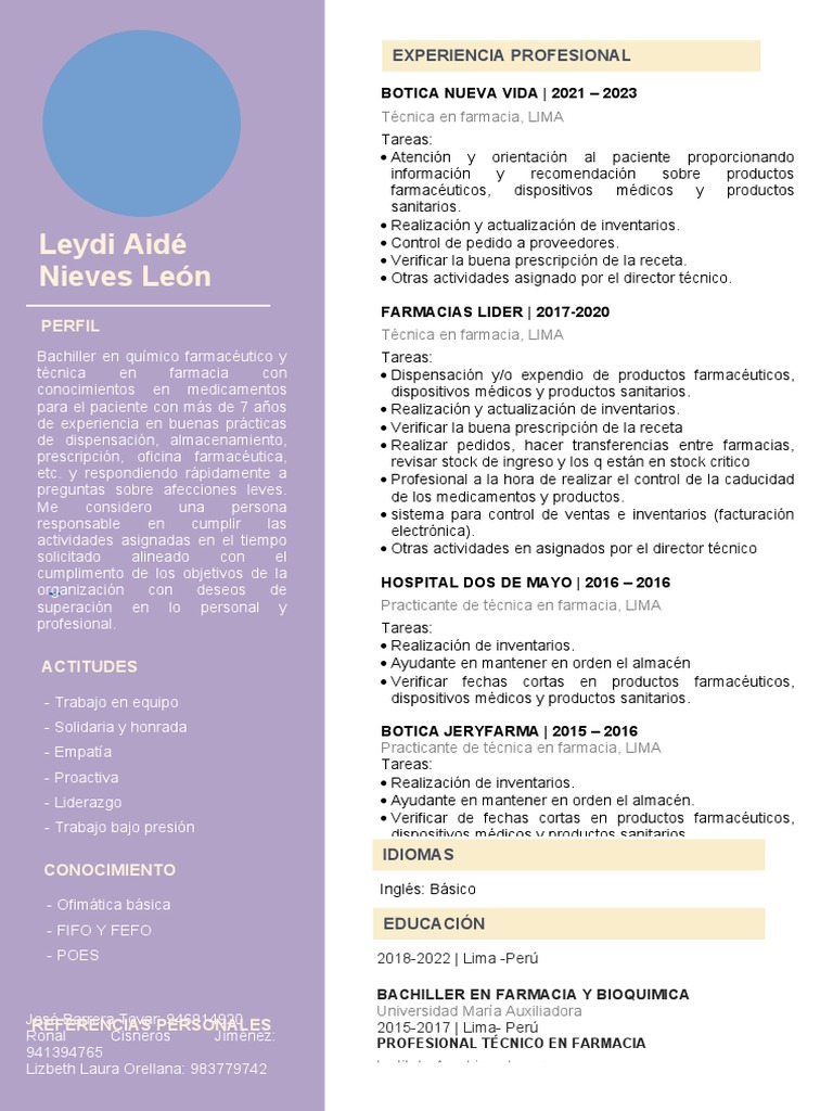 Currículum Vitae de Técnica en Farmacia | PDF | Farmacia | Farmacéutico