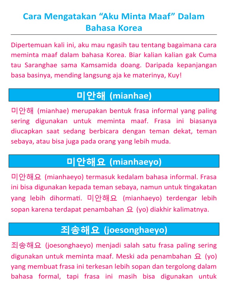 7 Macam Ucapan Maaf Dalam Bahasa Korea | PDF