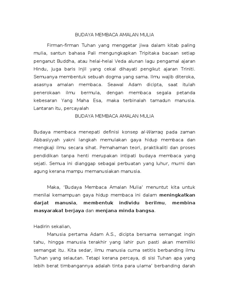 Teks Pidato Budaya Membaca Amalan Mulia