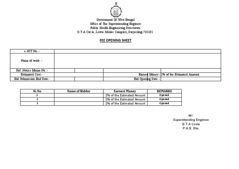 Fee Opening Sheet Sl. No Name of Bidder Earnest Money Remarks PDF