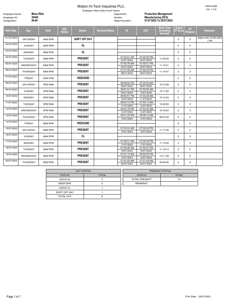 Employee Wise Daily Punch Status | PDF