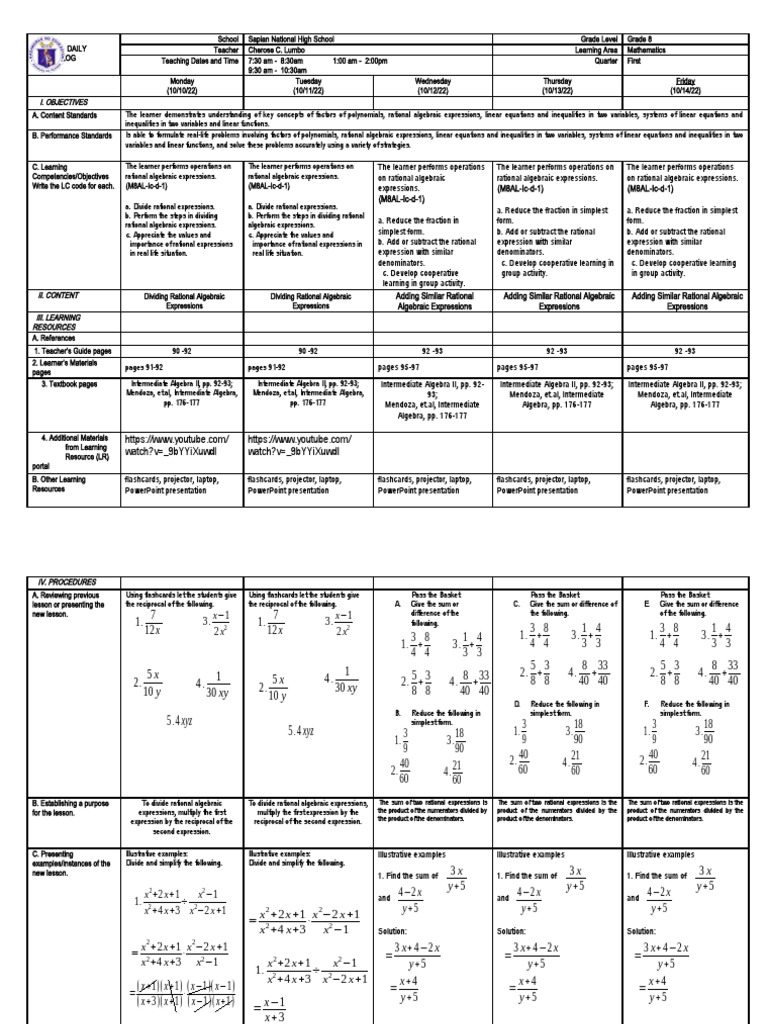 DLL Grade 8 | PDF | Division (Mathematics) | Equations