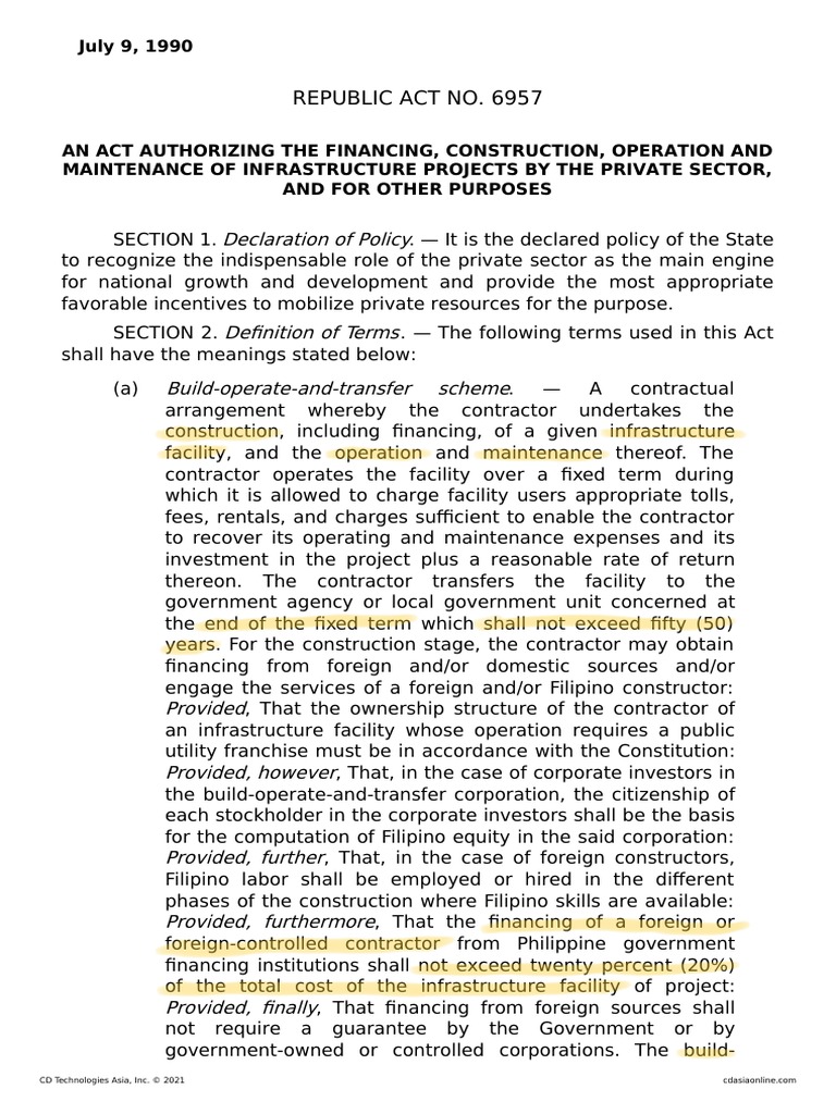 RA 6957 PPP BuildOperateTransfer Law PDF Government Private Law