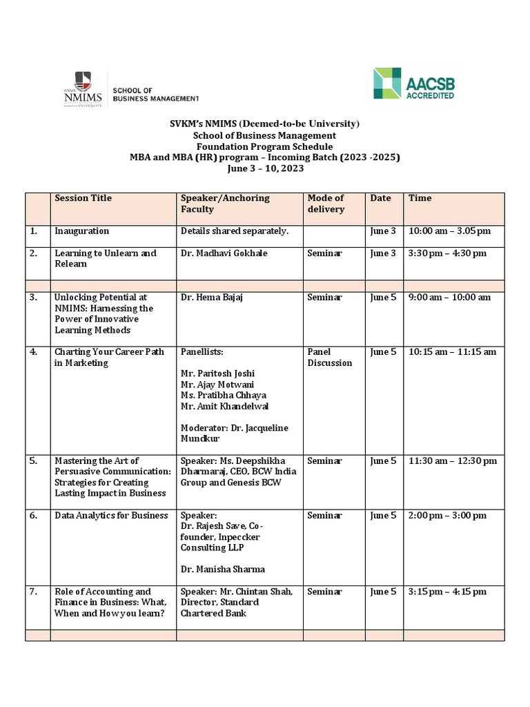 NMIMS MBA Foundation Program 2023 Schedule | PDF | Information ...