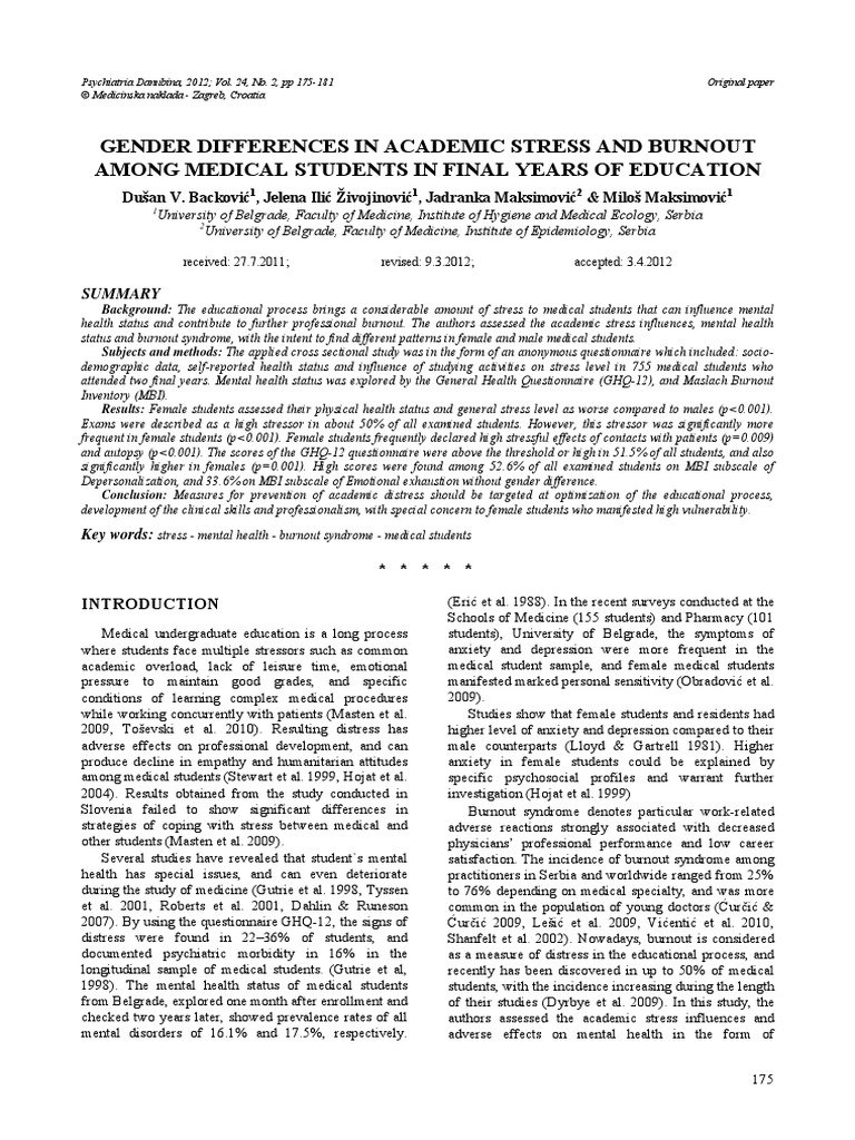 2012 Gender Differences in Academic Stress and Burnout Among Medical ...