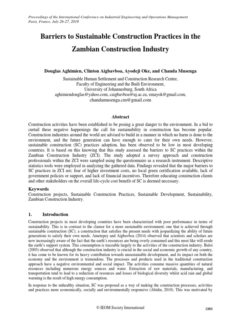 Barriers to Sustainable Construction in Zambia | PDF | Sustainability ...