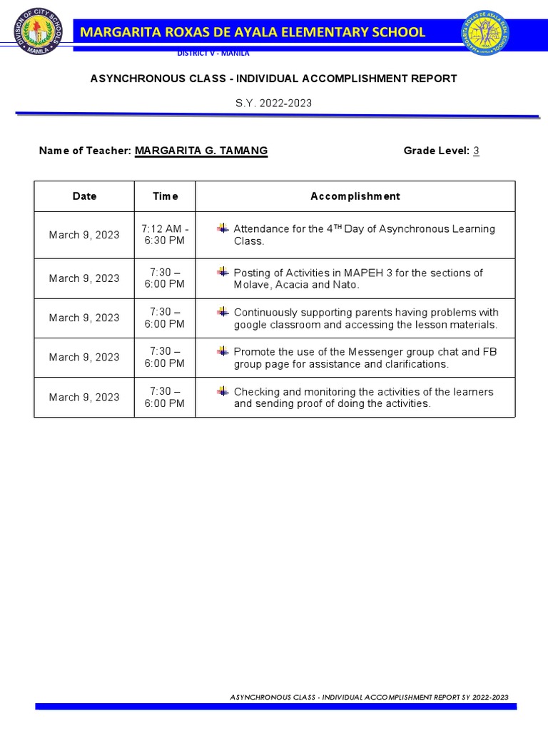 Asynchronous Class Accomplishment Report | PDF | Teaching | Pedagogy