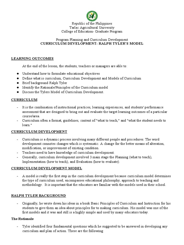 Written Report On Tylers Curriculum Model | PDF | Curriculum | Learning
