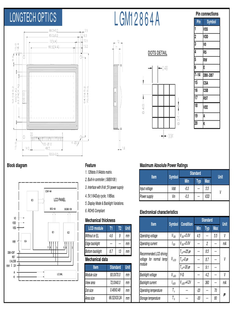 128x64 LCD Module Specifications | PDF | Backlight | Liquid Crystal Display