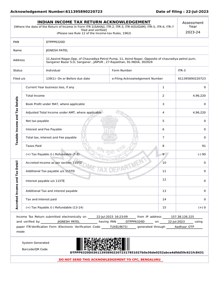 Indian Tax Return Acknowledgement Acknowledgement Number