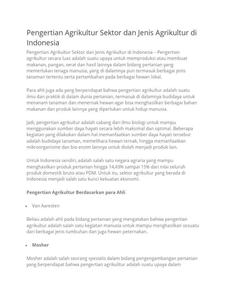Pengertian Agrikultur Sektor Dan Jenis Agrikultur Di Indonesia PDF